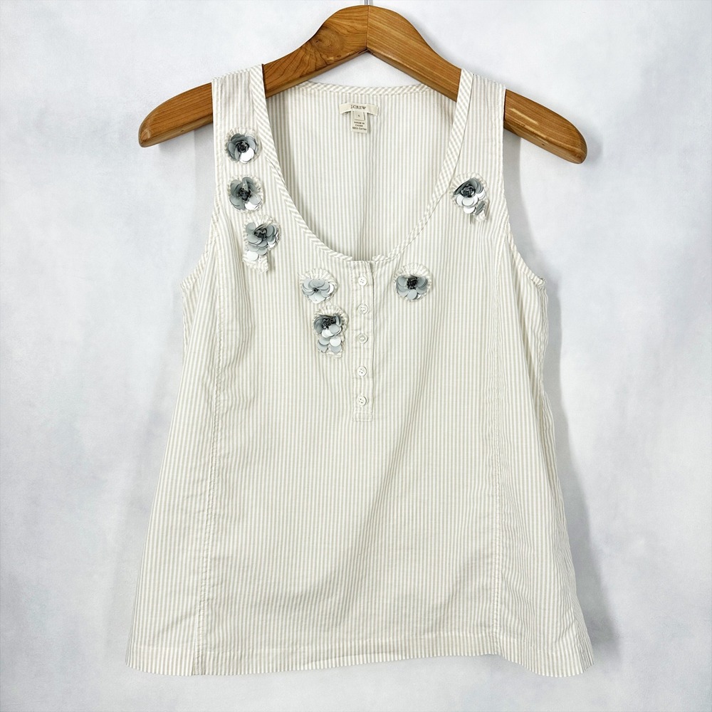 J. Crew Cotton Silver Sequin Flowers Sleeveless Striped Tan Top Women's Size 6